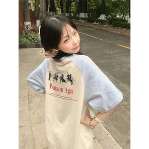 抖音得物品质二开240克宽松纯棉美式潮牌插肩三杠织带短袖T恤图片