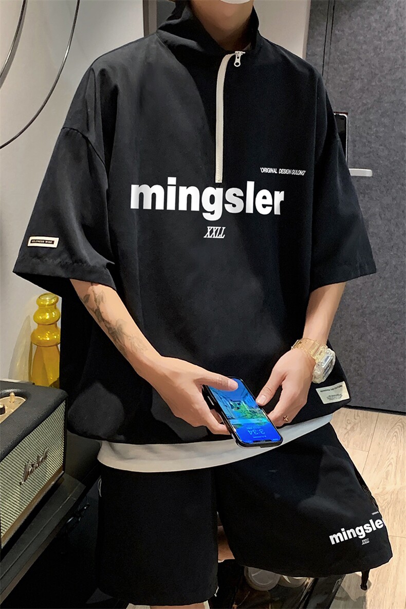 港风夏季运动休闲宽松套装桃皮绒短袖短裤男女TZ6751P75控98,男装牛仔裤,电商A268A