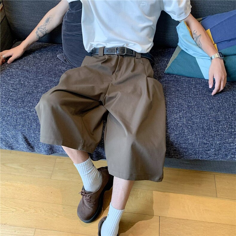 夏季日系复古简约纯色五分西裤男女学院风宽松阔腿坠感休闲短裤,男装牛仔裤,星座601-1
