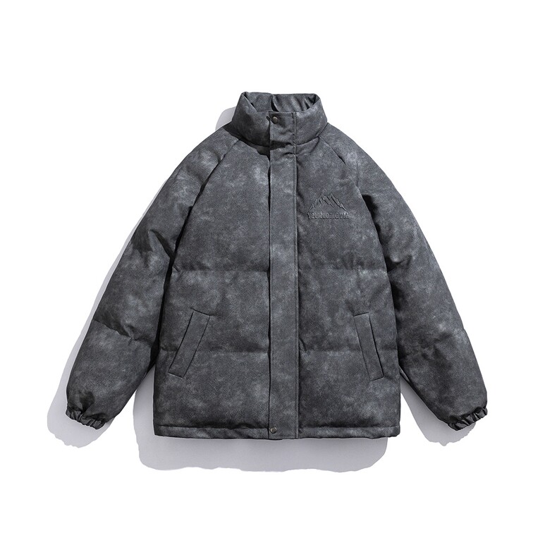 白底立领PU皮复古做旧钢印字母图案设计棉衣男MY77735P130控178，男装棉衣，星座227-7