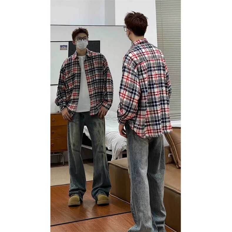 1506/Q30300/P43早秋韩系穿搭格子衬衫男高级感男装长袖衬衣外套,男装衬衫,星座1506