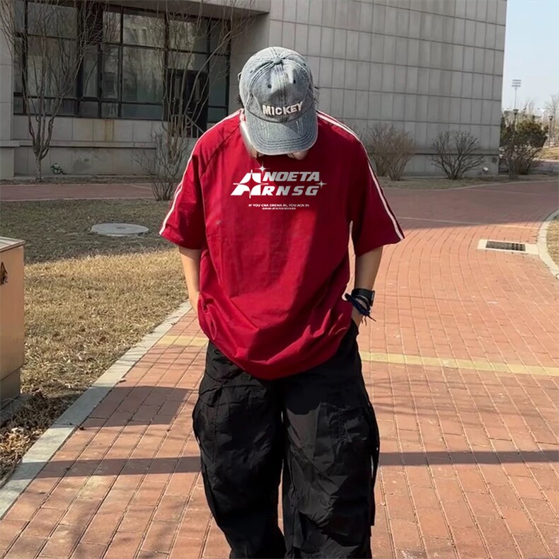 抖音得物高品质二开240克宽松纯棉美式潮牌三条杠织带短袖T恤,男装T恤,电商A486-1