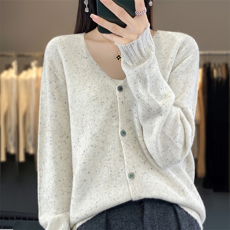 秋冬季新款美丽诺羊毛开衫女宽松V领百搭休闲长袖针织外套女,女装羊毛衫,臻维羊绒