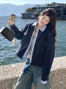蓝色撞色衬衫领短款夹克外套女2026春秋新款韩系时髦减龄夹克显白图片