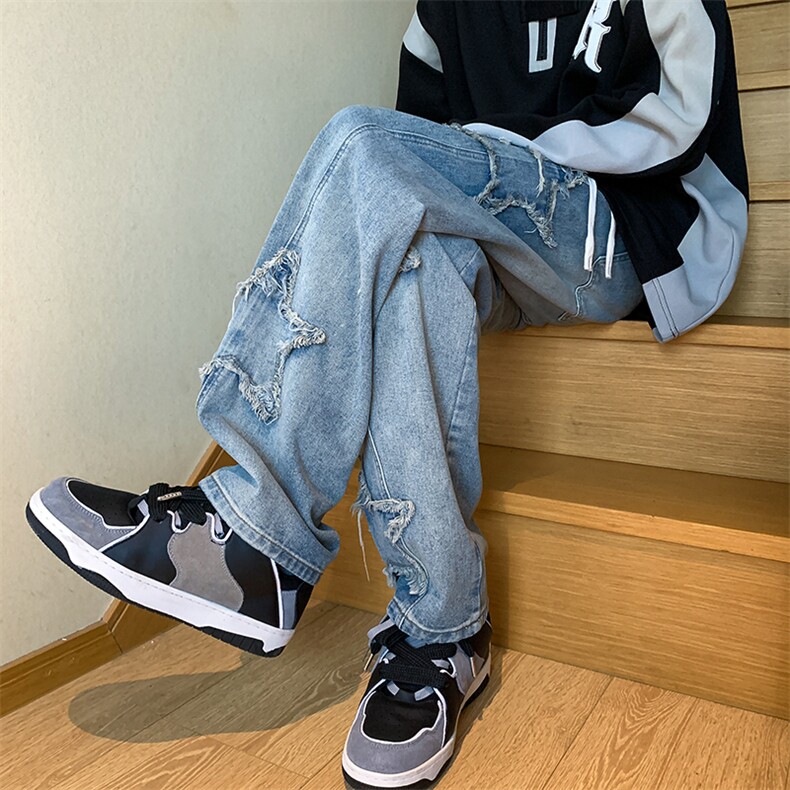 K6602-P60控78美式高街五角星贴布牛仔裤男宽松直筒,男装牛仔裤,电商B369（原A024）