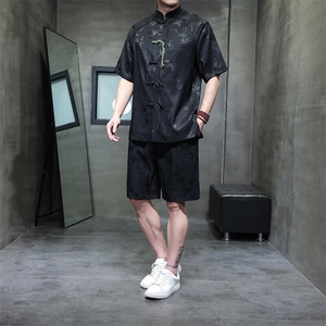 夏季新中式风竹叶提花插肩袖手工盘扣短袖宽松中裤短裤两件套装图片