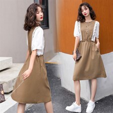 2022年夏季简约时尚铜氨丝拼接显瘦中长连衣裙，女装连衣裙，韩蜜菓