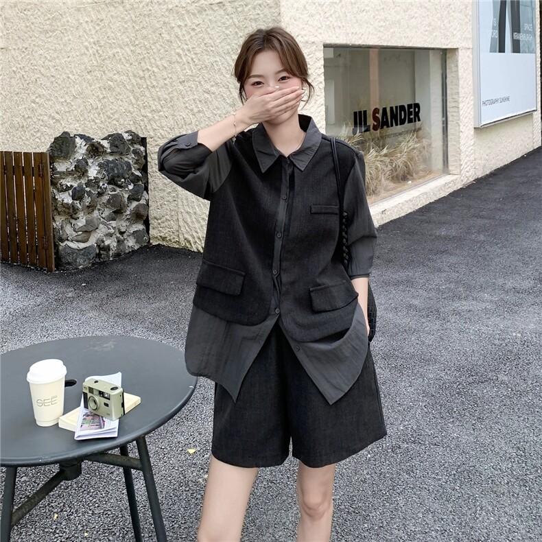 假两件拼接衬衫套装女秋慵懒松弛感短裤两件套图片