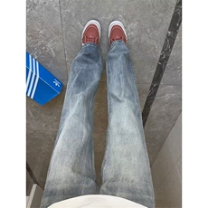 水洗做旧复古蓝牛仔裤男cleanfit美式高街vibe裤子潮牌痞帅微喇裤，男装牛仔裤，星座603-2