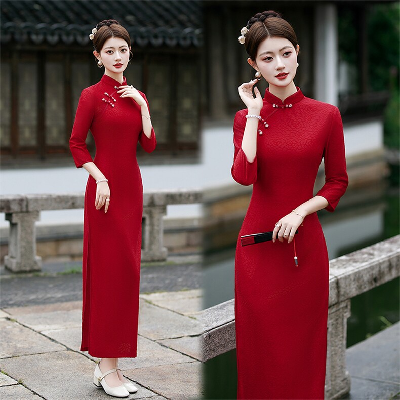 新中式风弹力网纱提花复合修身长款旗袍2552P145,女装汉服/婚纱/旗袍/礼服,乐衣轩