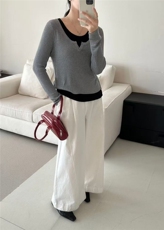 显瘦时尚百搭抽条圆领拼色假两件打底衫女款，女装蕾丝衫/雪纺衫，百纯羊绒