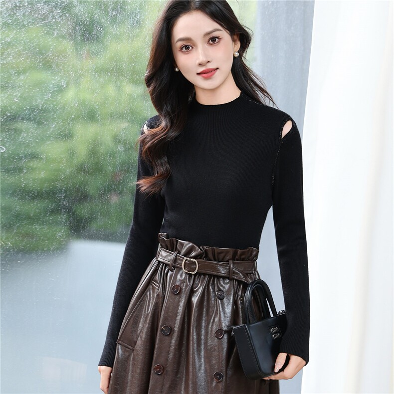 情花子半高领露肩烫钻针织衫女秋冬修身显瘦气质打底毛衣上衣图片