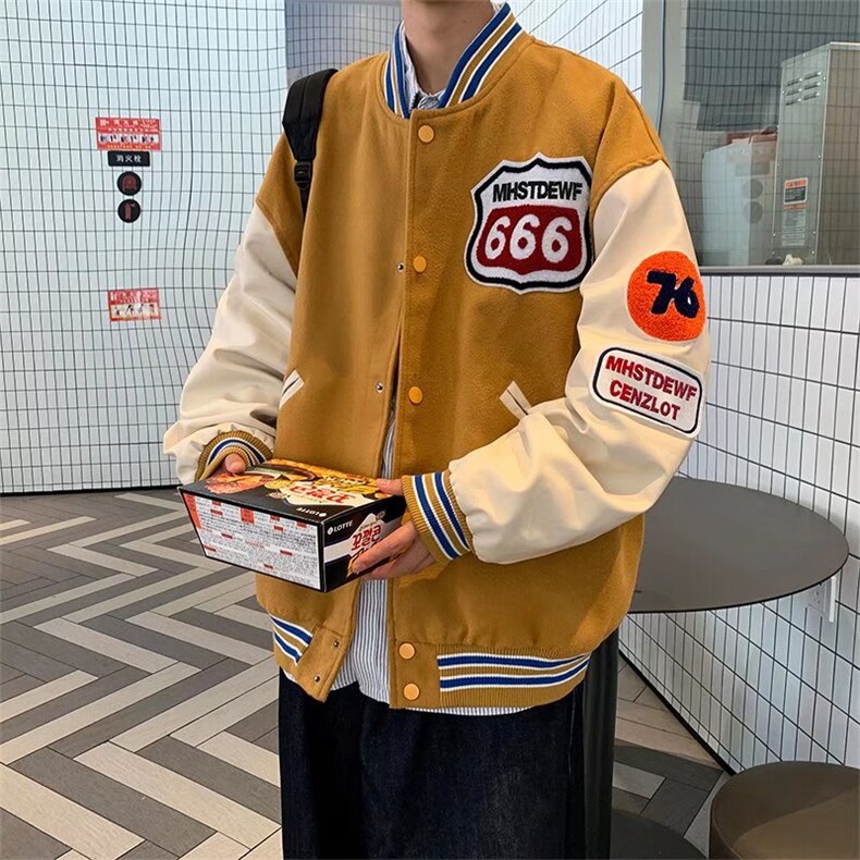 男夹克青少年立领毛呢拼皮袖子棒球服外套W124P50,男装夹克,星座1116-2
