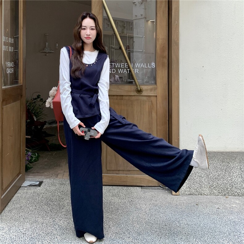 复古气质背心阔腿裤套装女春秋大方得体三件套减龄贵气感御姐穿搭,女装套装/套裙,2D045
