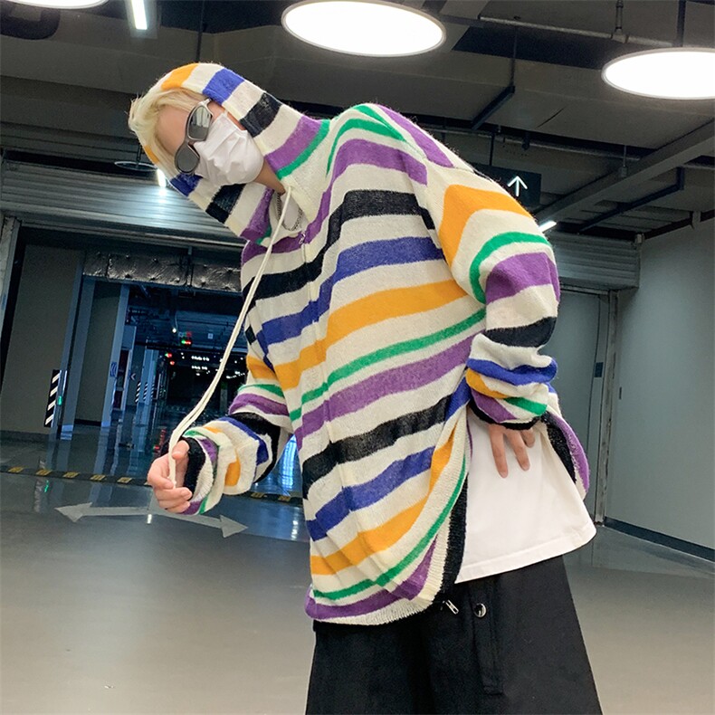 多巴胺开衫毛衣男女条纹连帽韩版2023秋冬新款ins针织衫MZ015-P50,男装针织衫/毛衣,星座412-3