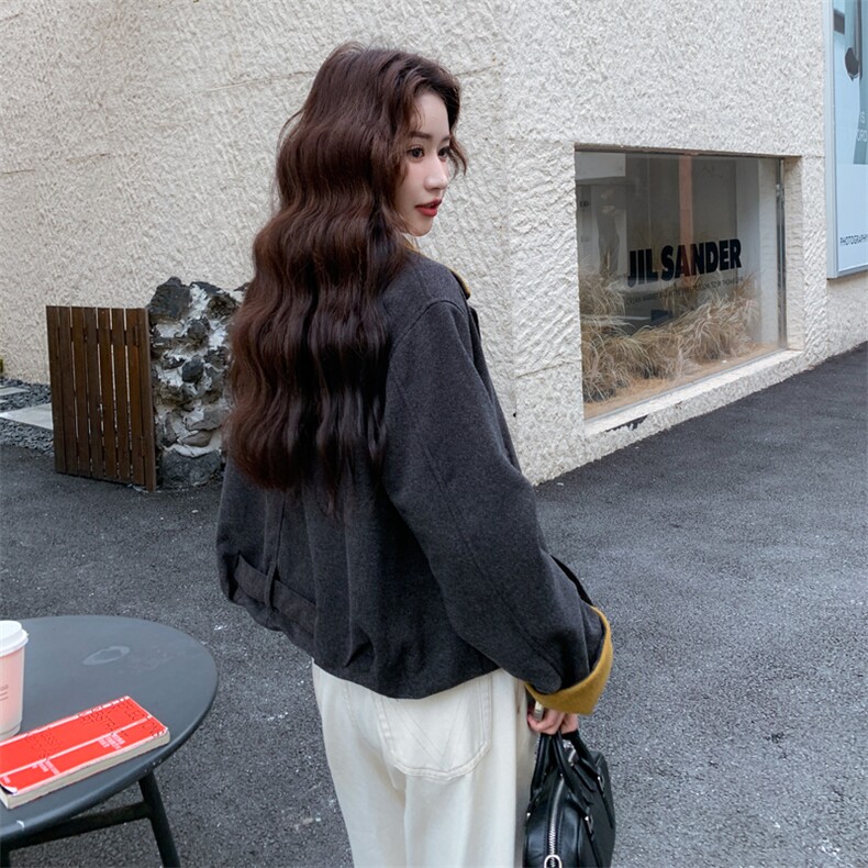 韩系撞色毛呢外套女秋冬2025新款酷飒风减龄气质设计感爆款大衣,女装毛呢外套,浙宝217