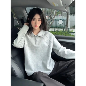 抖音得物高品质美式高街重磅曼巴棉结构螺纹拼接翻领卫衣长袖T恤图片