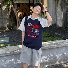 抖音得物高品质二开240克宽松纯棉美式潮牌插肩袖拼接短袖T恤，男装T恤，电商A486