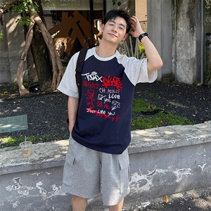 抖音得物高品质二开240克宽松纯棉美式潮牌插肩袖拼接短袖T恤图片