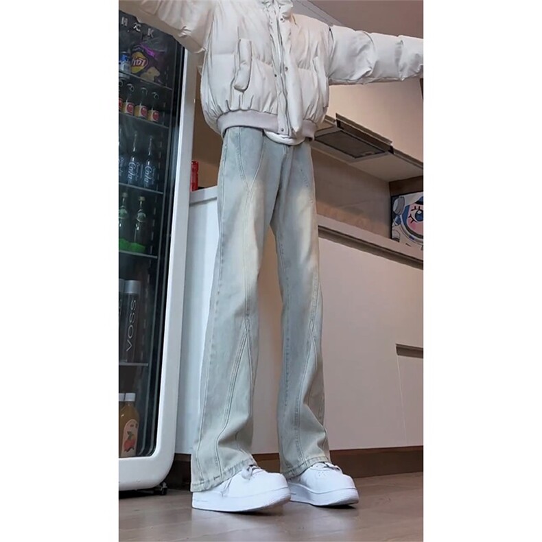 高个子加长裤子美式高街黄泥色拼接牛仔裤男春秋季窄版直筒微喇裤图片