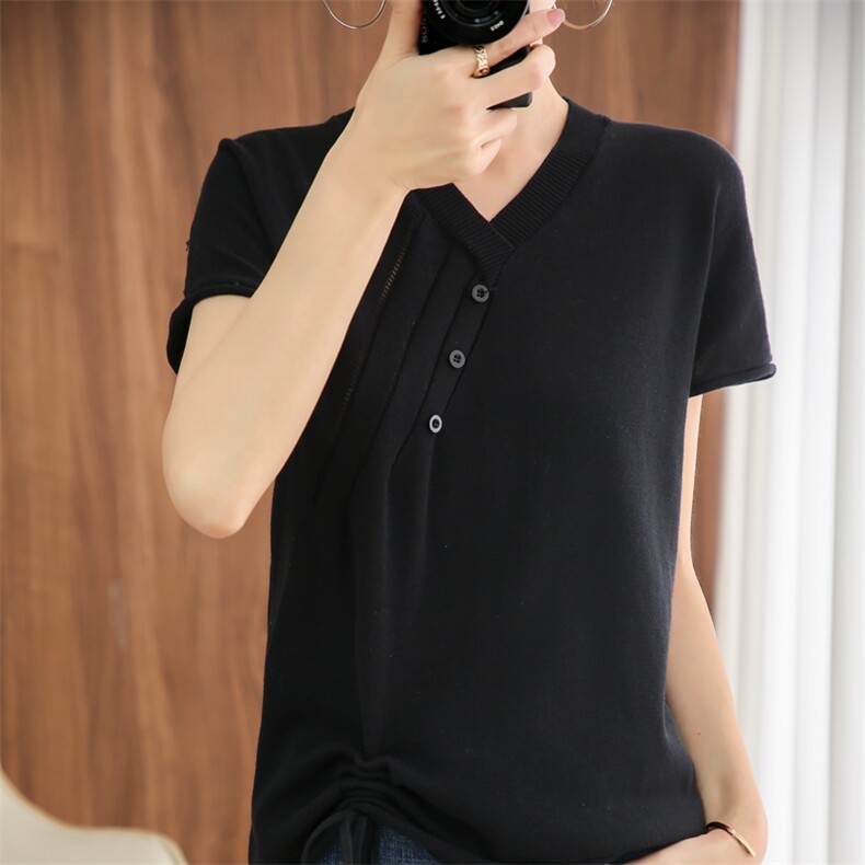 夏装棉麻V领短袖针织T恤女2021新款亚麻休闲宽松半袖打底纯棉上衣，女装针织衫/毛衣，恒旺羊绒