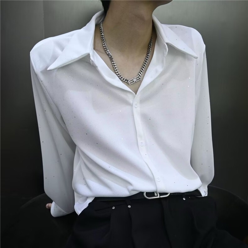 高级感反光满天星透气设计长袖衬衫男装时尚春夏季新款垫肩衬衣潮,男装衬衫,星座813-2
