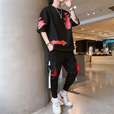 新款夏季短袖宽松T恤套装男装潮流时尚休闲两件套体恤套装F168P75，男装休闲套装，电商A086