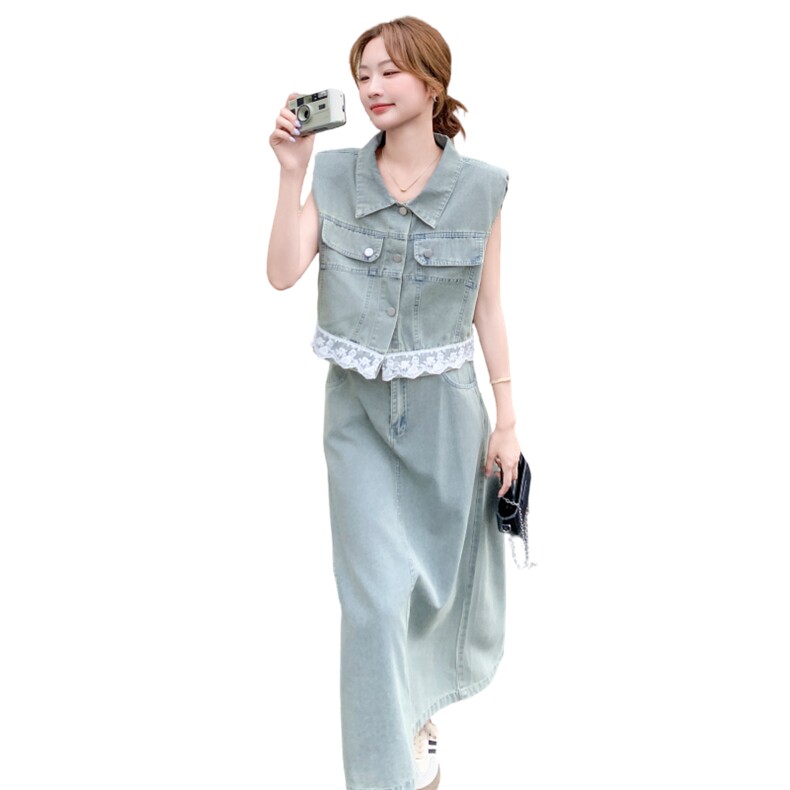 盐系穿搭休闲牛仔套装裙女2025夏季新款复古气质马甲半身裙两件套,女装套装/套裙,2D078
