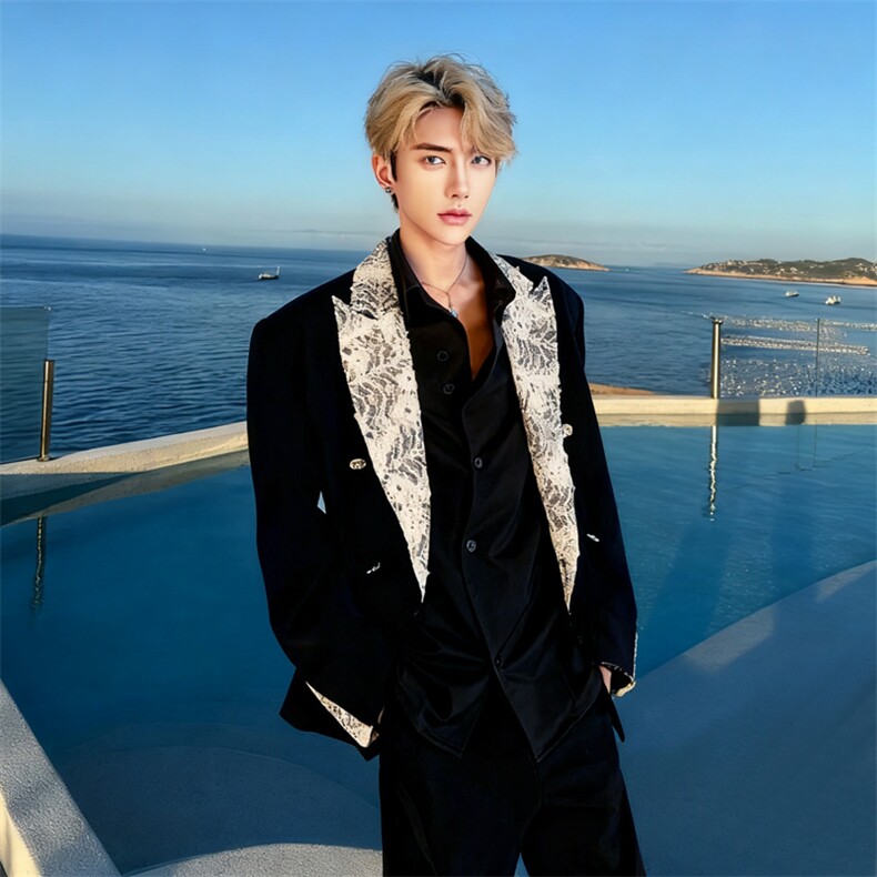 （自家图）黑色西装外套春秋新款蕾丝拼接垫肩西服6011-P115，男装西服，星座910-5