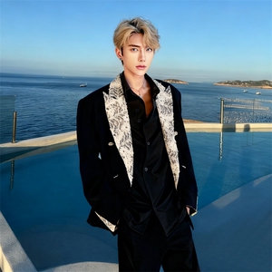 （自家图）黑色西装外套春秋新款蕾丝拼接垫肩西服 6011-P115,男装西服,星座910-5