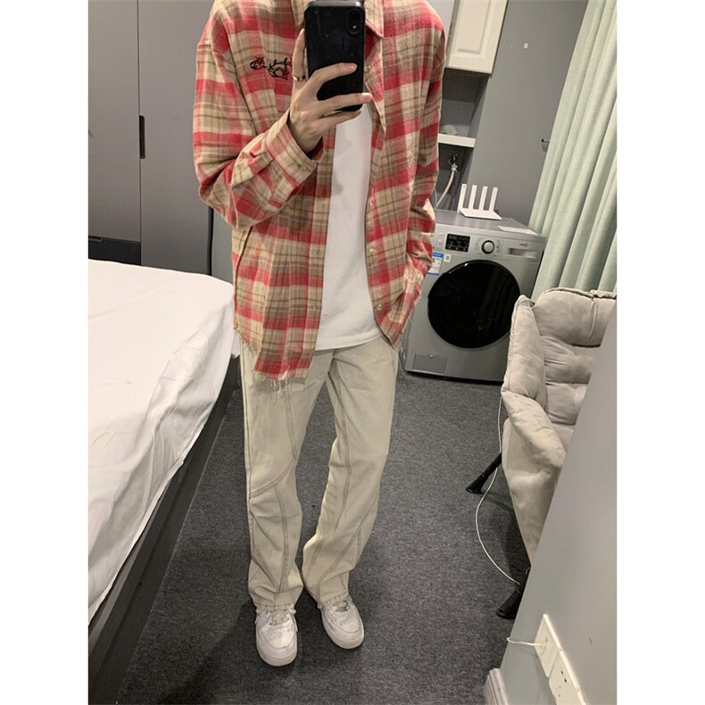 粉红色格子控衬衫男生美式复古痞帅高级感格纹衬衣长袖C268,男装衬衫,星座1116A（原606A-3）