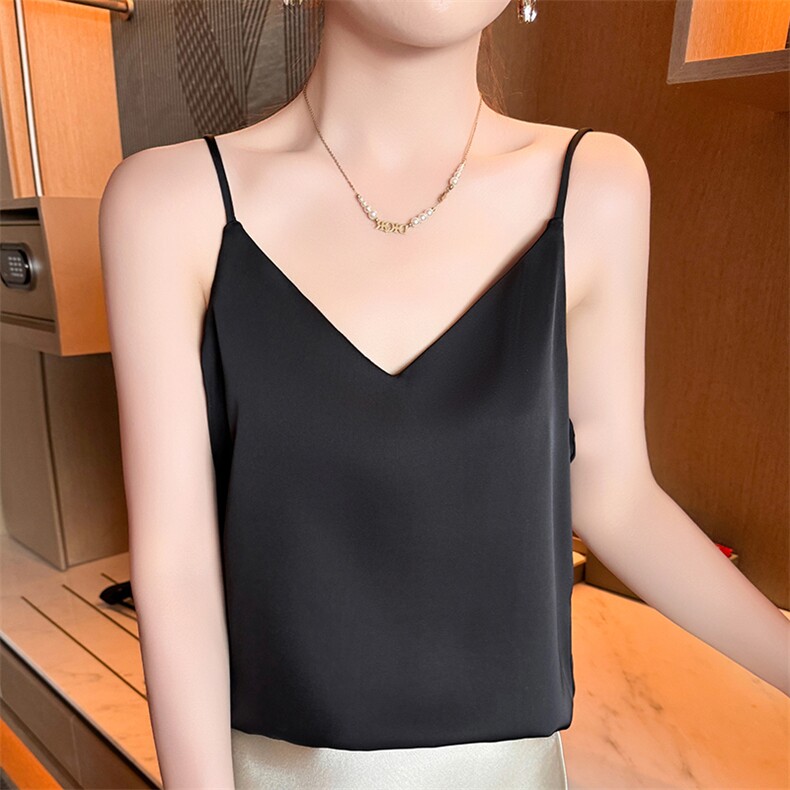 真丝吊带背心女内搭宽松美背V领无袖夏季配西装醋酸缎面打底上衣,女装背心吊带,九戎