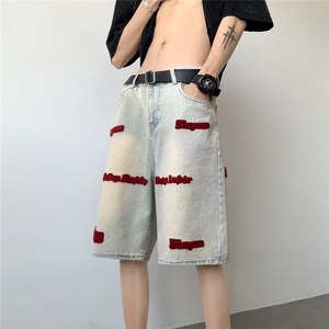 美式刺绣牛仔短裤男款夏季高街水洗五分裤XK8052 P40图片