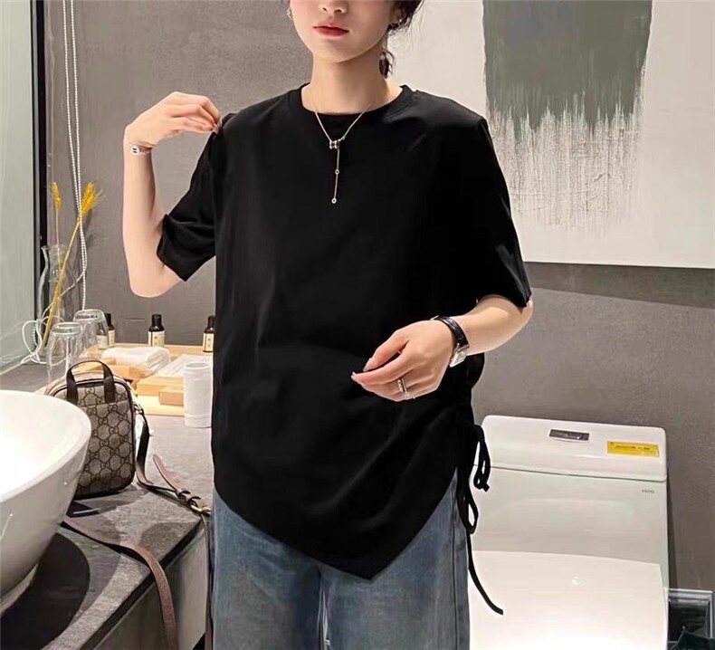 夏季新款，抽绳不规则丝光T恤，女装T恤，月光水岸