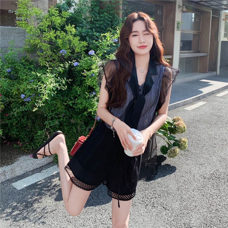 小个子穿搭网纱拼接格子衬衫套装女夏新款休闲显瘦减龄短裤两件套,女装套装/套裙,2C057