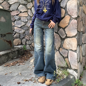 美式高街闪电纹水洗牛仔裤男女秋潮牌宽松新款休闲裤cleanfit裤子图片