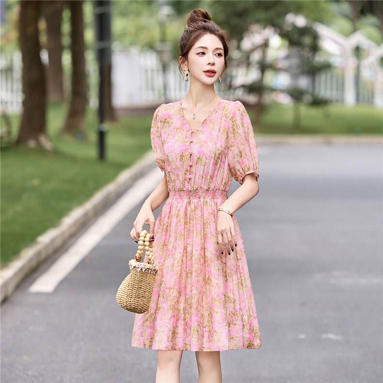 温柔甜美气质印花连衣裙女2025夏季时尚松紧收腰显瘦小个子A字裙,女装连衣裙,布芭啦