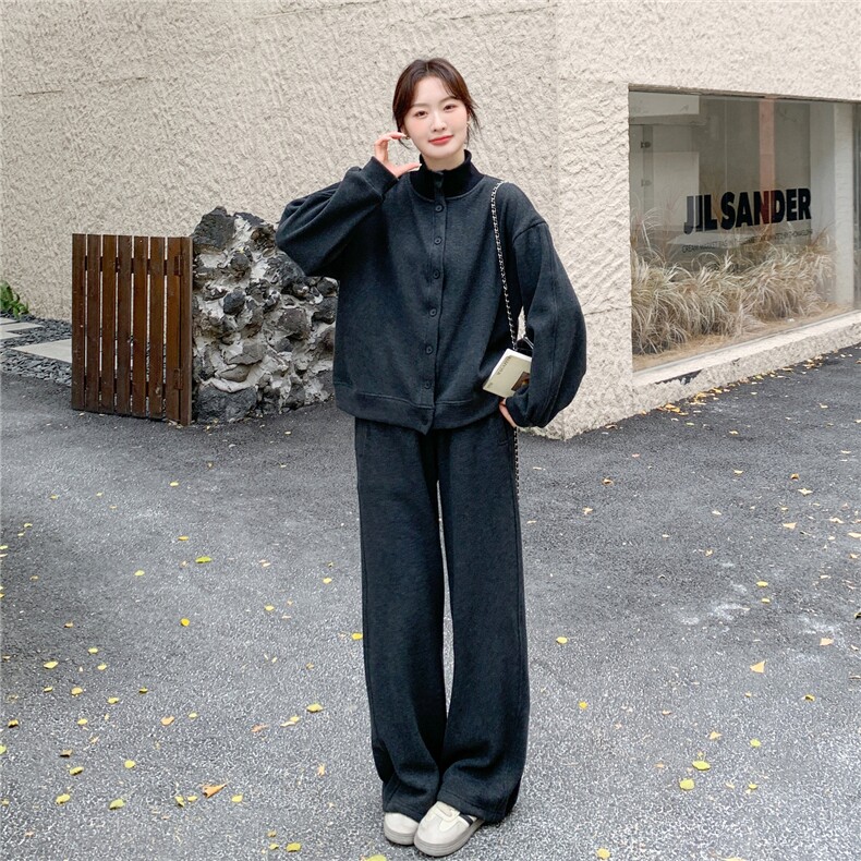 灰色松弛感加绒加厚立领卫衣两件套女2025冬季新款学院风显瘦卫裤,女装套装/套裙,艾米莉亚