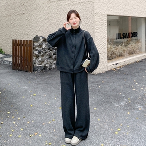 灰色松弛感加绒加厚立领卫衣两件套女2025冬季新款学院风显瘦卫裤图片