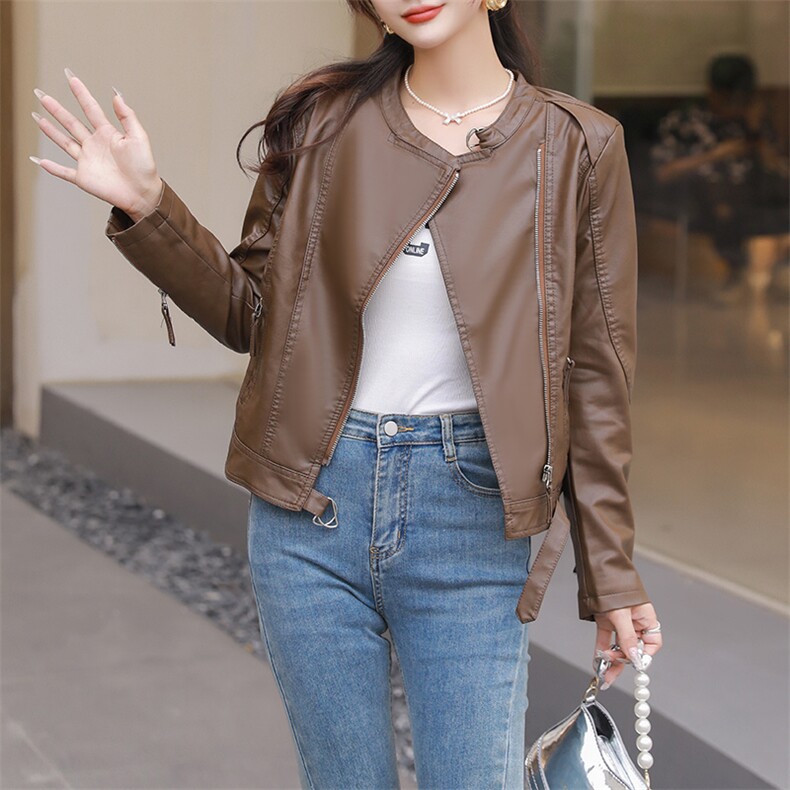 2023新款欧货高级款春秋皮衣外套女士短款高腰咖色机车pu皮夹克,女装皮衣,江南女神