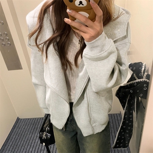 抖音得物品质26春装美式重磅结构斜拉链高领连帽卫衣开衫外套W61,jm牛仔裤穿搭图片