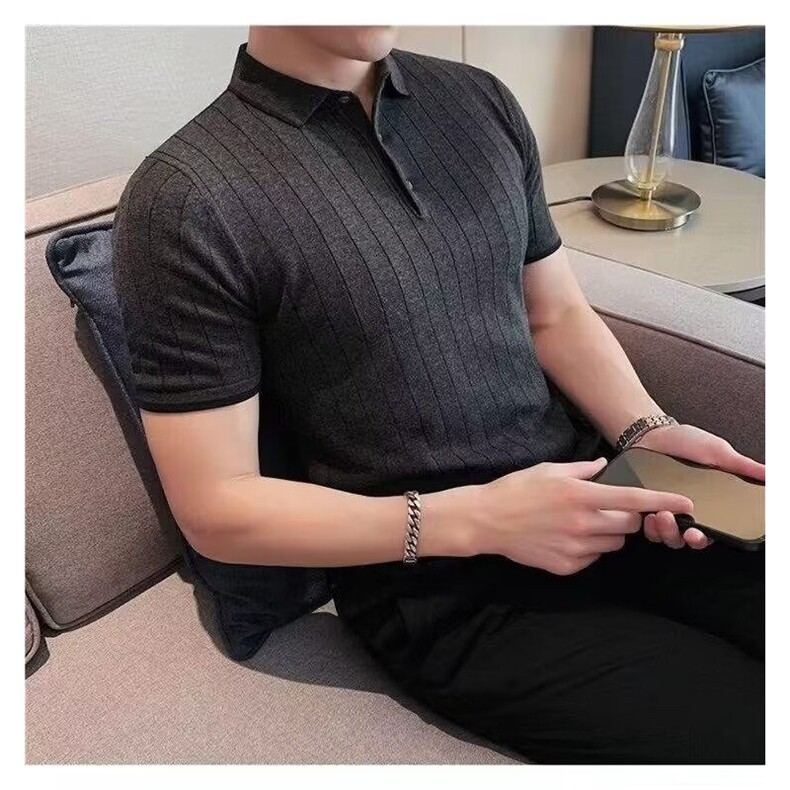 网图休闲透气人字纹提花短袖POLO衫男士修身冰丝条纹针织翻领T恤,男装T恤,星座410-6（原星座1304-1）
