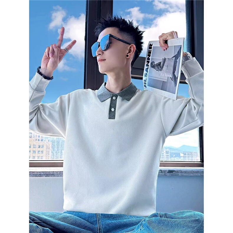1506/QM320/P46假两件撞色拼接衬衫领长袖T恤男款宽松休闲百搭,男装T恤,星座1506