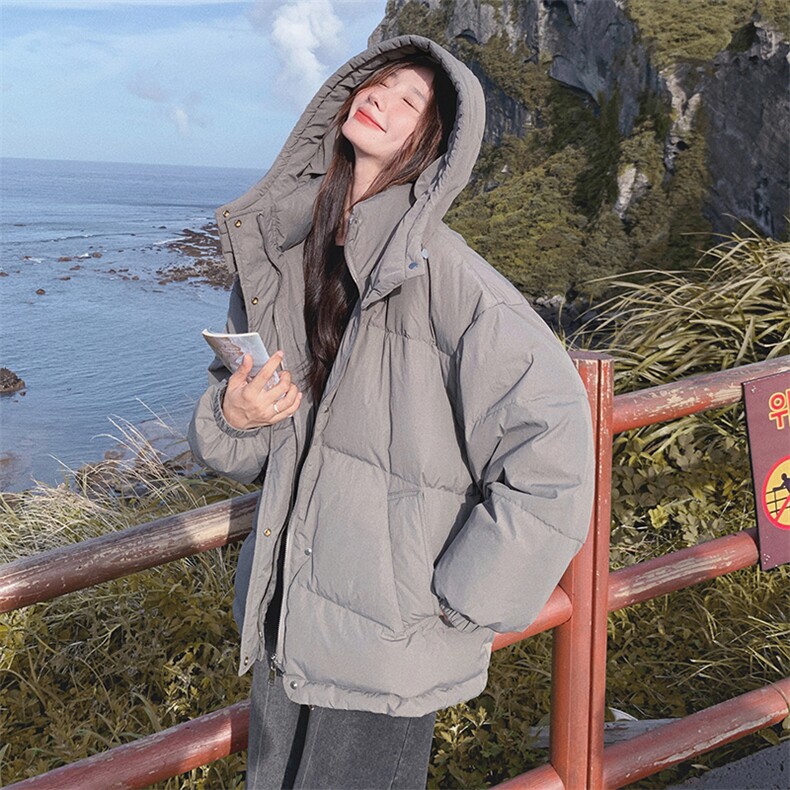灰色连帽短款羽绒服女冬季2025新款宽松加厚高级感90白鸭绒外套潮,女装羽绒服,2B187
