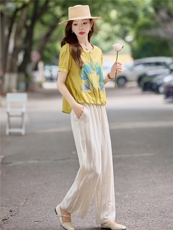 时尚套装女装2025夏季新款短袖上衣阔腿裤妈妈休闲穿搭减龄两件套，女装套装/套裙，依万里