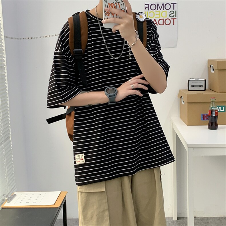 2021夏季港风新品男士宽松条纹短袖T恤星座405-T01,男装T恤,星座405