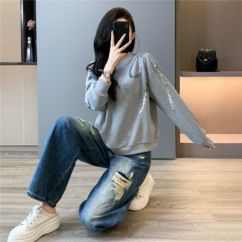 高级感时尚潮流套装女春新款修身显瘦圆领刺绣上衣牛仔长裤两件套,女装套装/套裙,2C310