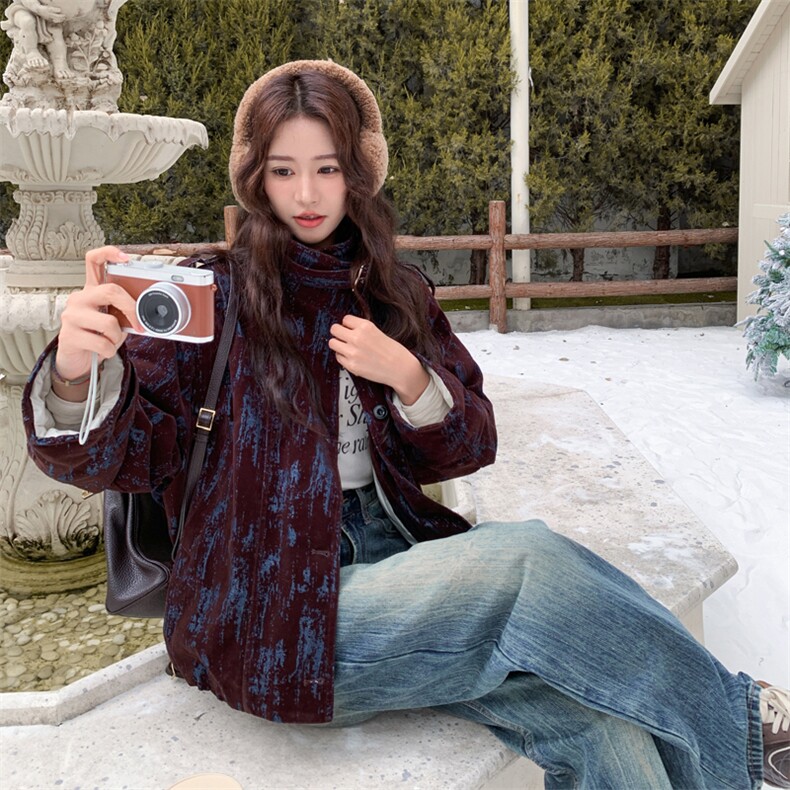 美拉德复古风设计感植绒羽绒服外套女2025冬新款宽松轻熟通勤夹克,女装羽绒服,2C278
