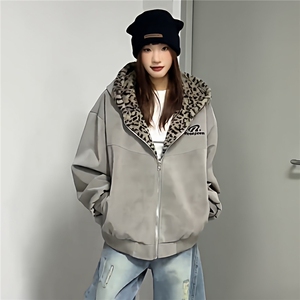 豹纹双面穿棉服连帽美式麂皮绒男女冬季工装夹克棉衣MF377-P90图片