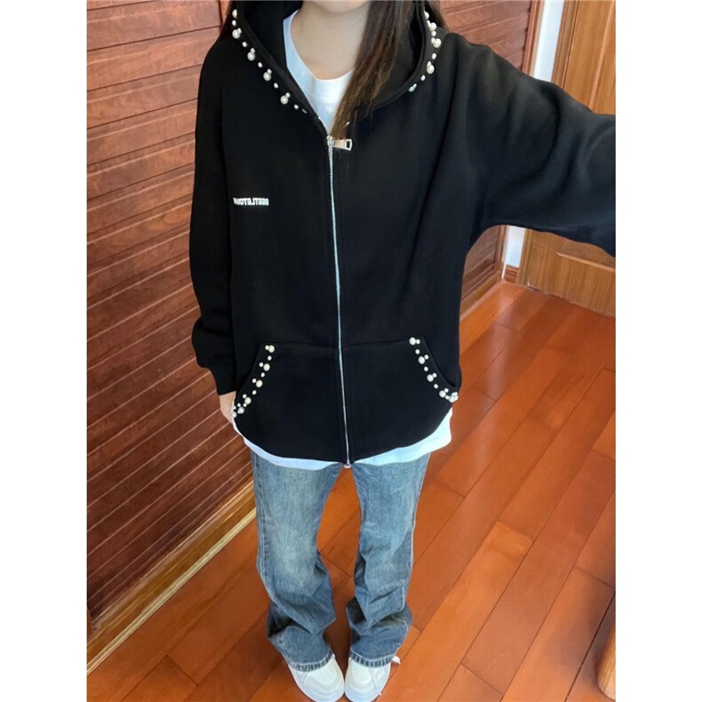 钉珠连帽开衫卫衣外套女2025新款秋冬美式高街复古宽松小众设计感,女装短外套,星座506A